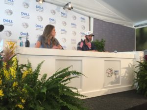Dustin Johnson takes questions in his post-round press conference. 